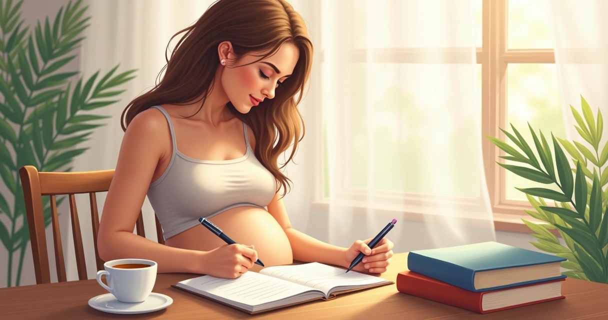Gestante escrevendo plano de parto em caderno com caneta