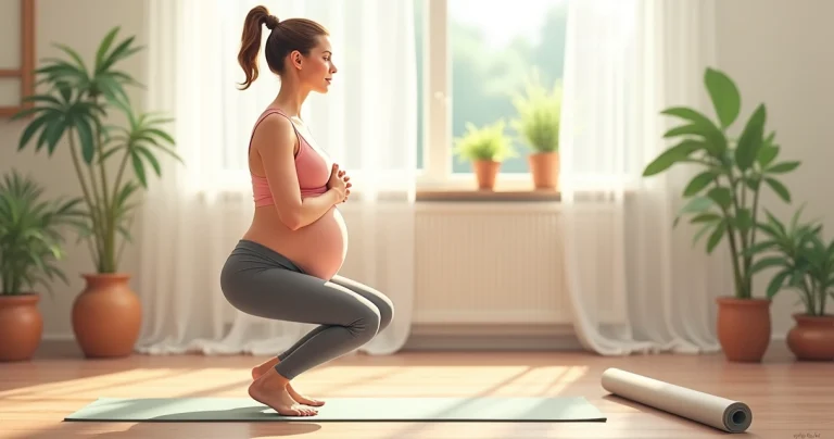 Mulher grávida praticando exercícios de agachamento em ambiente interno claro