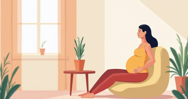Gestante praticando exercícios respiratórios sentada confortavelmente em um ambiente claro e acolhedor