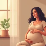 Gestante sorrindo com expressão de confiança em ambiente acolhedor de parto natural