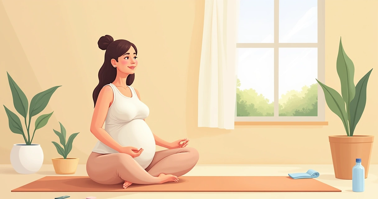 Gestante sentada confortavelmente fazendo exercícios de relaxamento em ambiente tranquilo