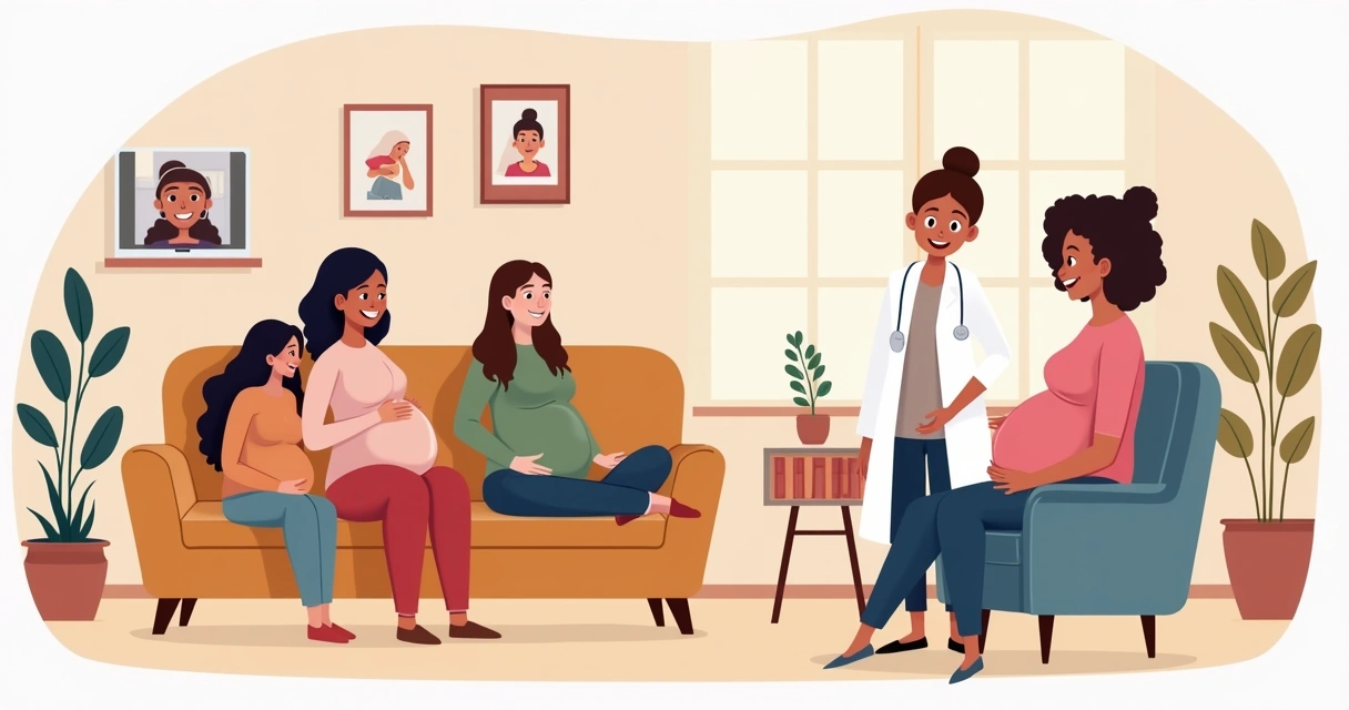 Mulheres grávidas participando de grupo online e profissional dando apoio sobre parto