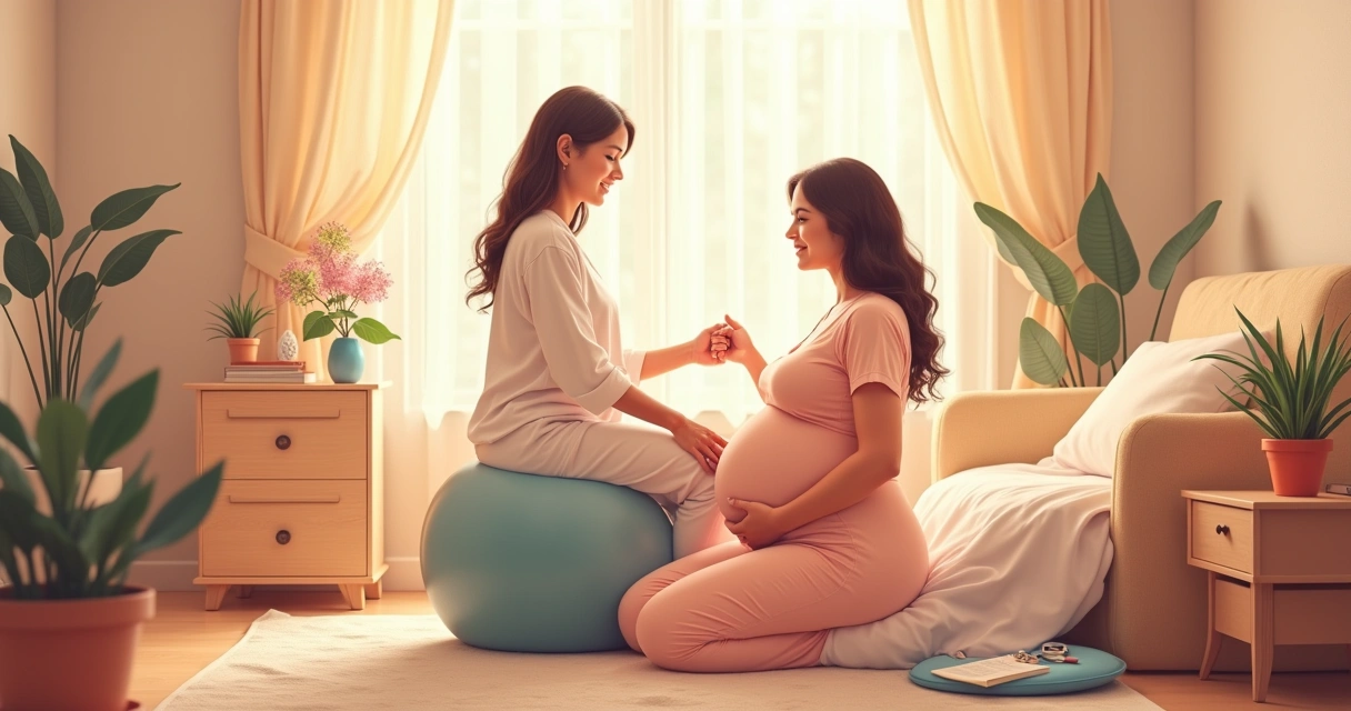 Gestante acompanhada por uma doula em ambiente acolhedor e calmo durante o trabalho de parto