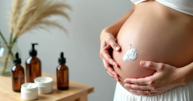 Mãos femininas aplicando creme hidratante no abdômen gravídico com garrafas de óleo e creme ao lado sobre superfície clara