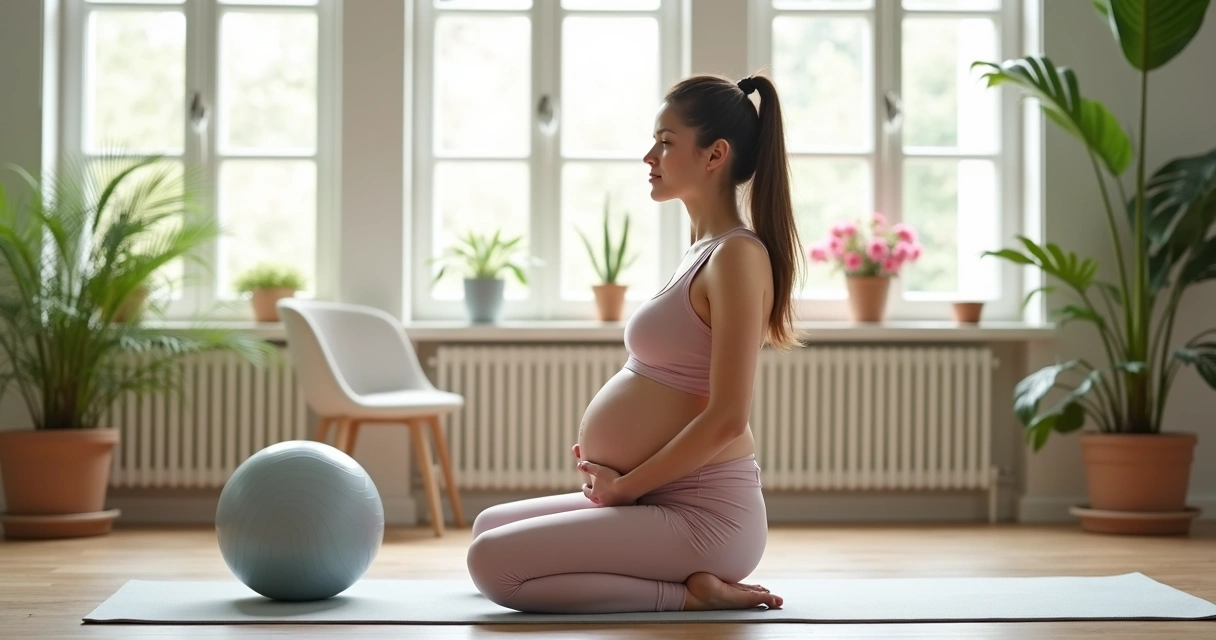 Gestante em roupas esportivas realizando exercício de pilates em ambiente iluminado e tranquilo