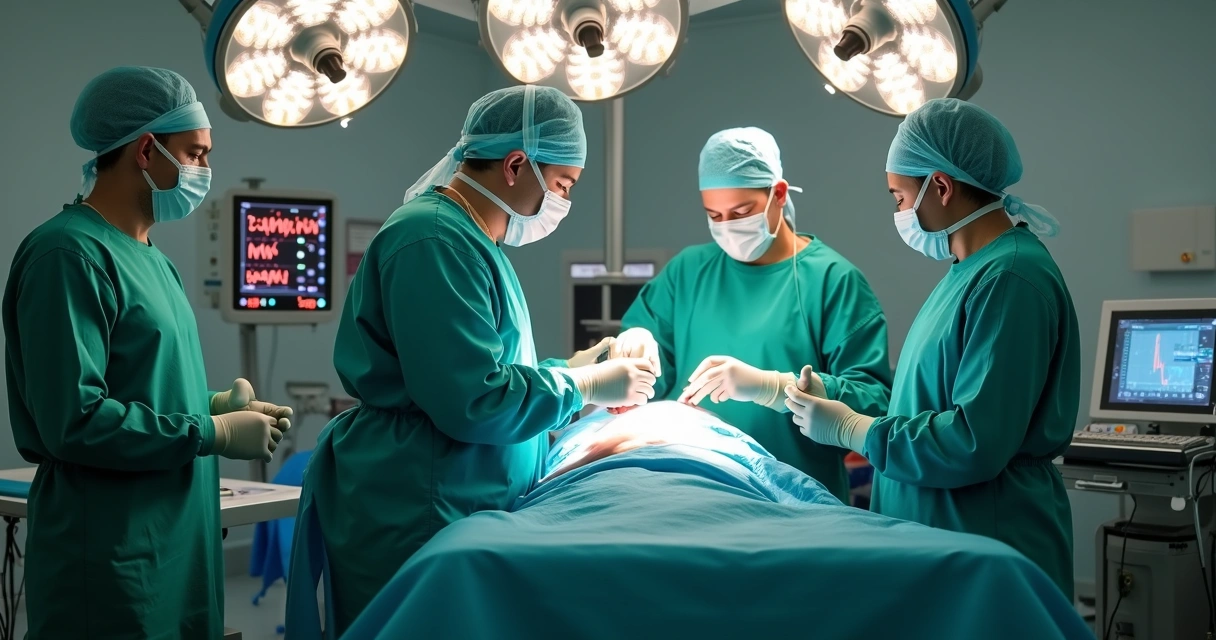 Sala de cirurgia limpa e moderna com equipe médica preparando cesariana