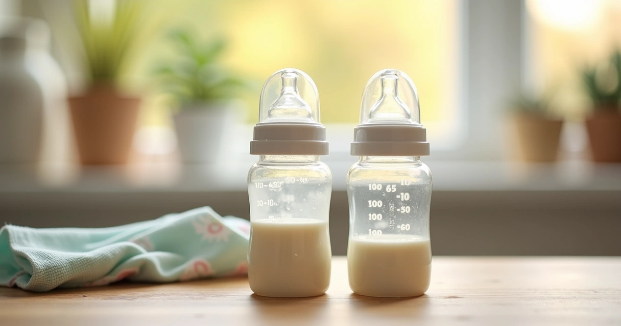 Duas mamadeiras, uma de vidro e outra de plástico, sobre uma mesa clara com diferentes líquidos