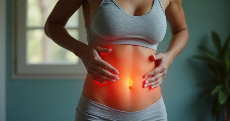 Mulher segurando a região abdominal com expressão de desconforto em ambiente claro e acolhedor