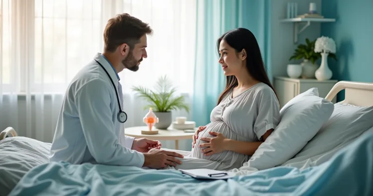 Obstetra explicando métodos de indução do parto para gestante em ambiente hospitalar