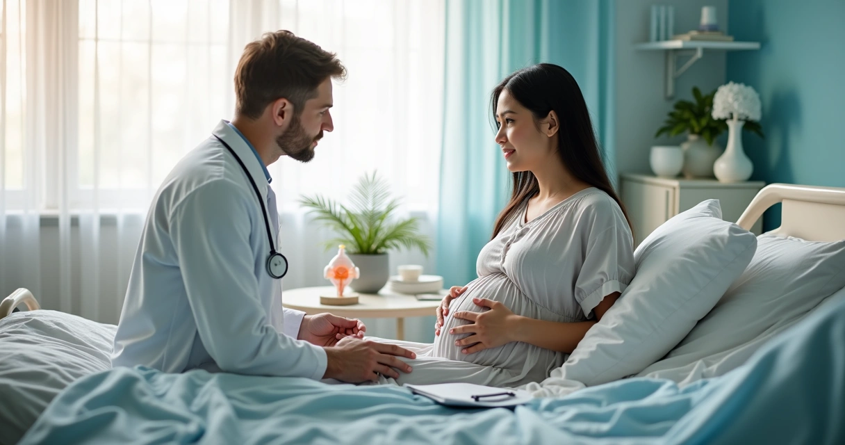 Obstetra explicando métodos de indução do parto para gestante em ambiente hospitalar